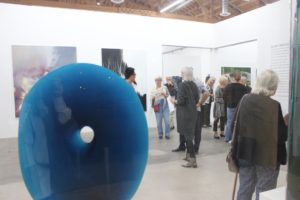filip-nizky-massive-melted-glass-sculpture-the-blue-disc-aquamarine-blue-velvet-and-glass-opening-reception-at-knupp-gallery-la