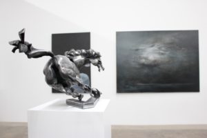 hammered-iron-horse-sculpture-by-vaclav-rubeska-and-oil-painting-by-jan-uldrych-presented-by-knupp-gallery-los-angeles