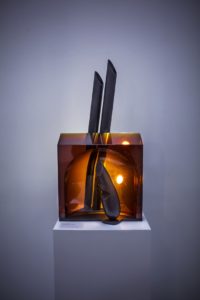 bohumil-elias-jr-guardian-of-a-bridge-melted-glass-sculpture-on-a-bronzeiron-base-presented-by-the-knupp-gallery-los-angeles