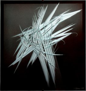 Ivan kolman - Ikaros, 75x68, 1999, cut glass painting, presented by knupp gallery los angeles